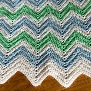 Handmade Chevron Crochet throw Baby Blanket - Blue, Green & White